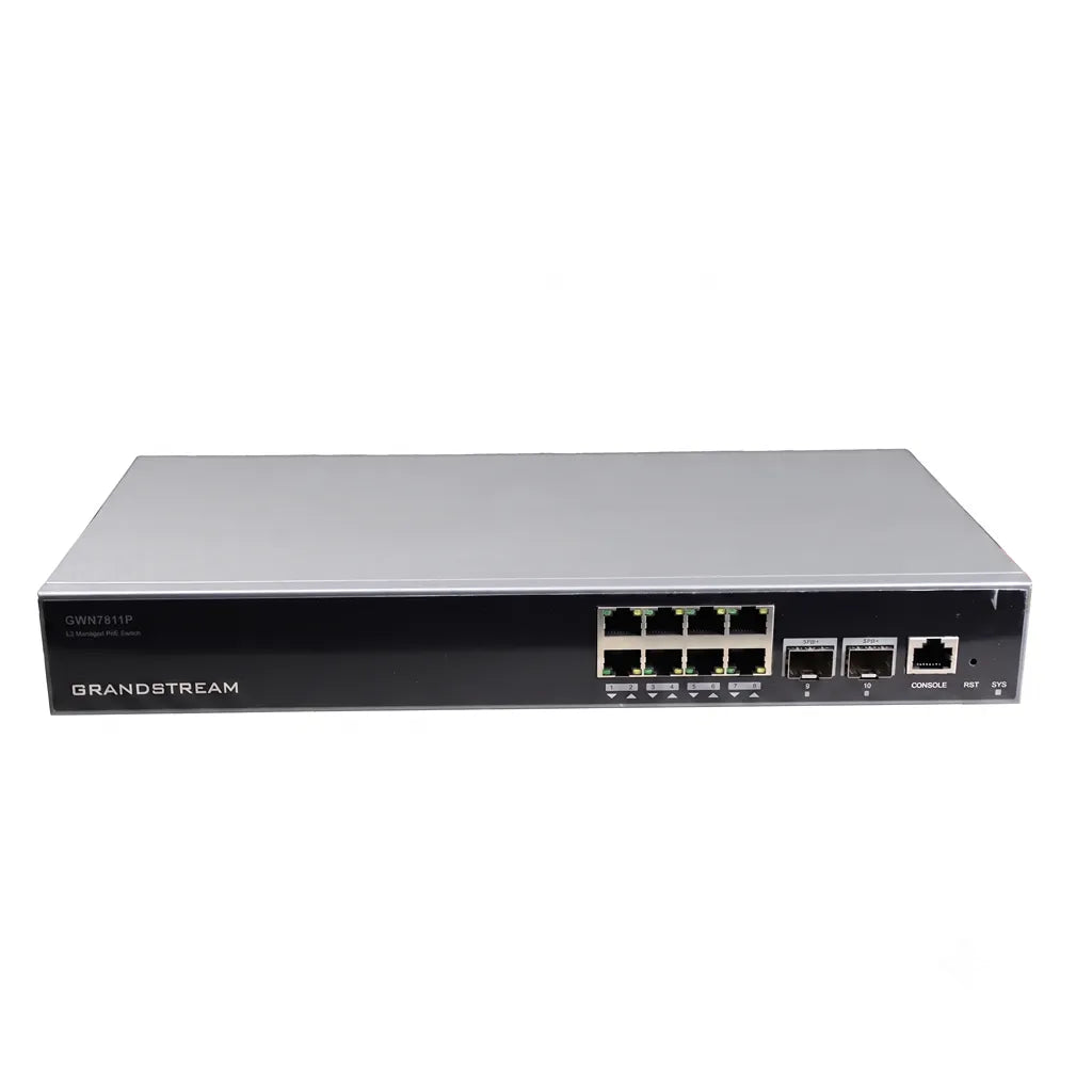 Full front view of the Grandstream GWN7811P Layer 3 managed PoE+ switch with Gigabit Ethernet ports, SFP+ uplinks, console port, and LED indicators.