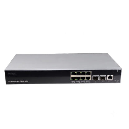 Full front view of the Grandstream GWN7811P Layer 3 managed PoE+ switch with Gigabit Ethernet ports, SFP+ uplinks, console port, and LED indicators.