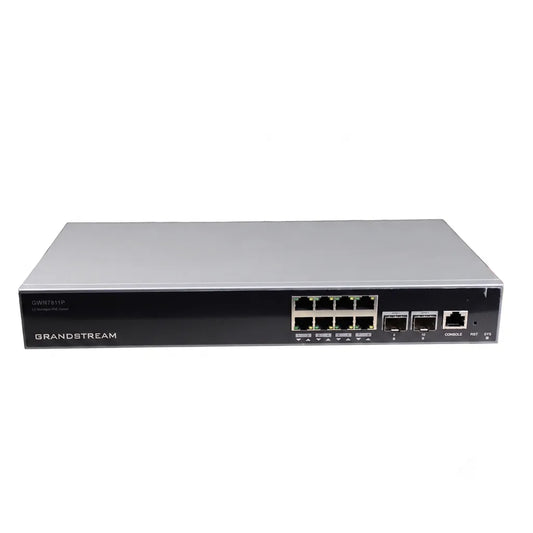 Full front view of the Grandstream GWN7811P Layer 3 managed PoE+ switch with Gigabit Ethernet ports, SFP+ uplinks, console port, and LED indicators.