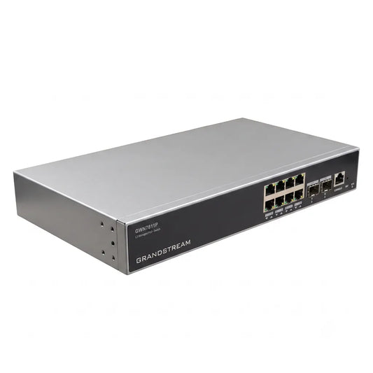 Angled left view of the Grandstream GWN7811P Layer 3 managed PoE+ switch showing the front panel, Gigabit Ethernet ports, and enterprise metal chassis.