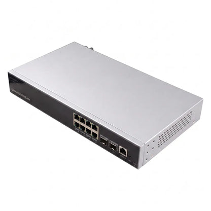 Rear left angled perspective of the Grandstream GWN7811P Layer 3 managed PoE+ switch highlighting the chassis, ventilation, and front connectivity ports.