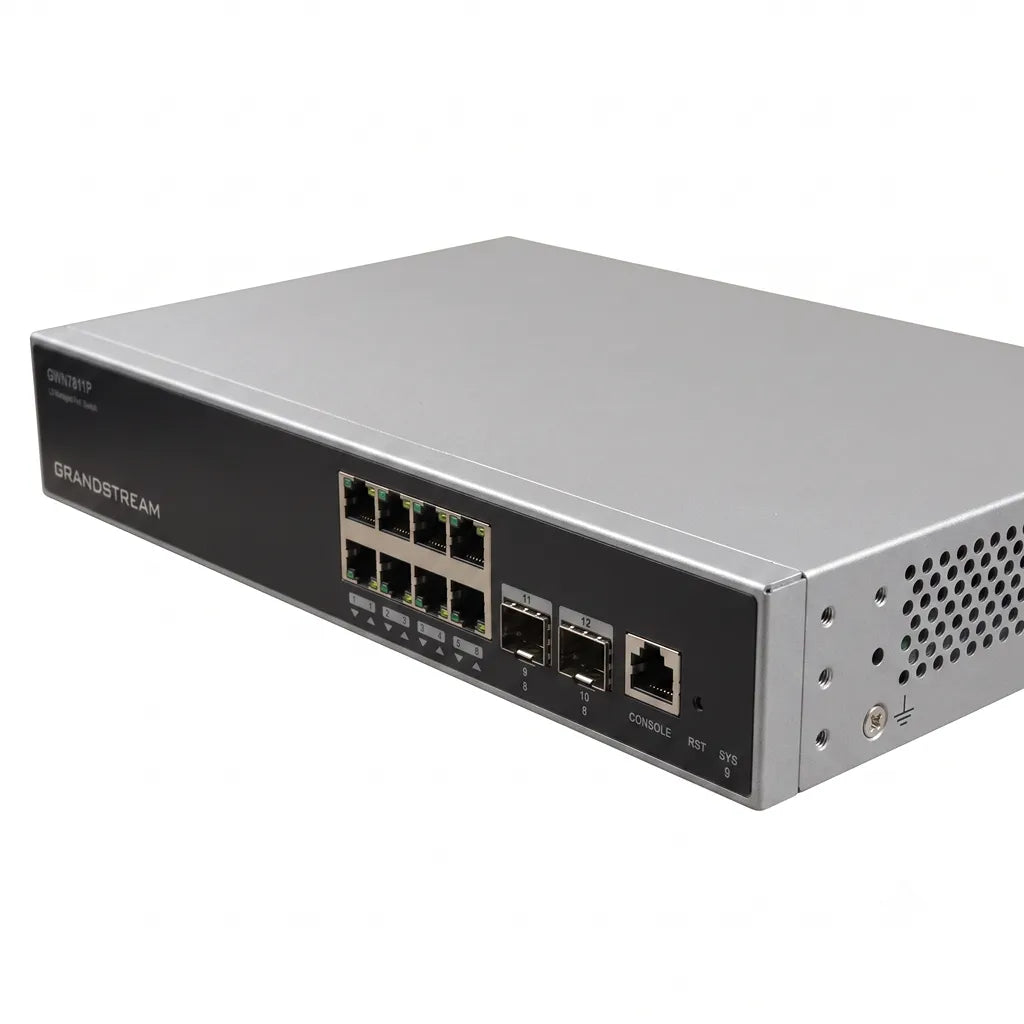 Front right angled view of the Grandstream GWN7811P enterprise Layer 3 PoE+ switch featuring 8 Gigabit ports, 2 x 10G SFP+ uplinks, and console port.