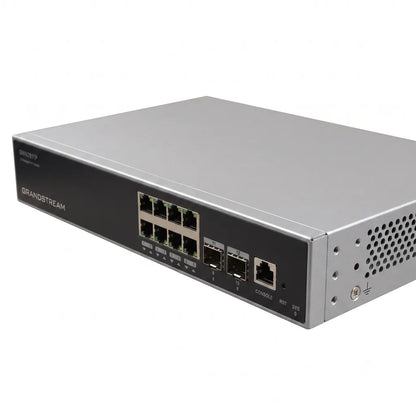 Front right angled view of the Grandstream GWN7811P enterprise Layer 3 PoE+ switch featuring 8 Gigabit ports, 2 x 10G SFP+ uplinks, and console port.