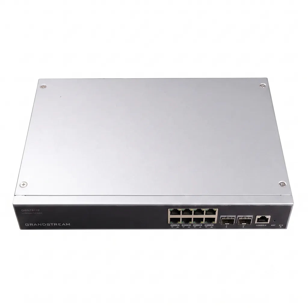 Top front view of the Grandstream GWN7811P managed PoE+ switch displaying the metal enclosure and front network interfaces for enterprise deployment.