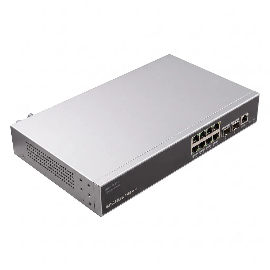 Top left perspective of the Grandstream GWN7811P managed PoE+ network switch with durable metal housing and front Ethernet connectivity ports.