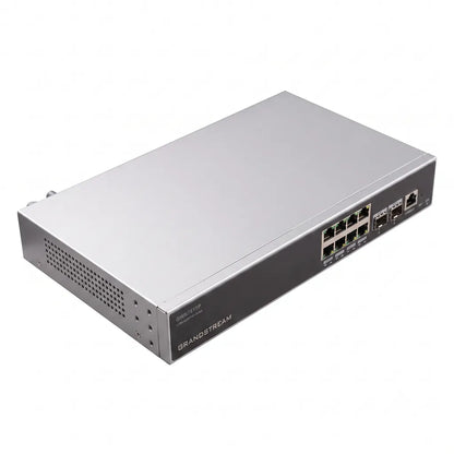 Top left perspective of the Grandstream GWN7811P managed PoE+ network switch with durable metal housing and front Ethernet connectivity ports.
