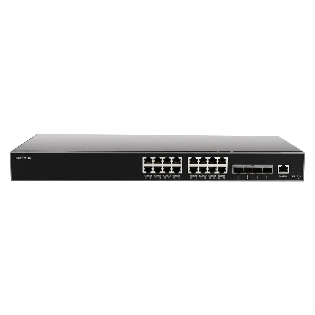 Grandstream GWN7812P 16-port Layer 3 managed PoE+ network switch with 4 x 10G SFP+ uplink ports front view.