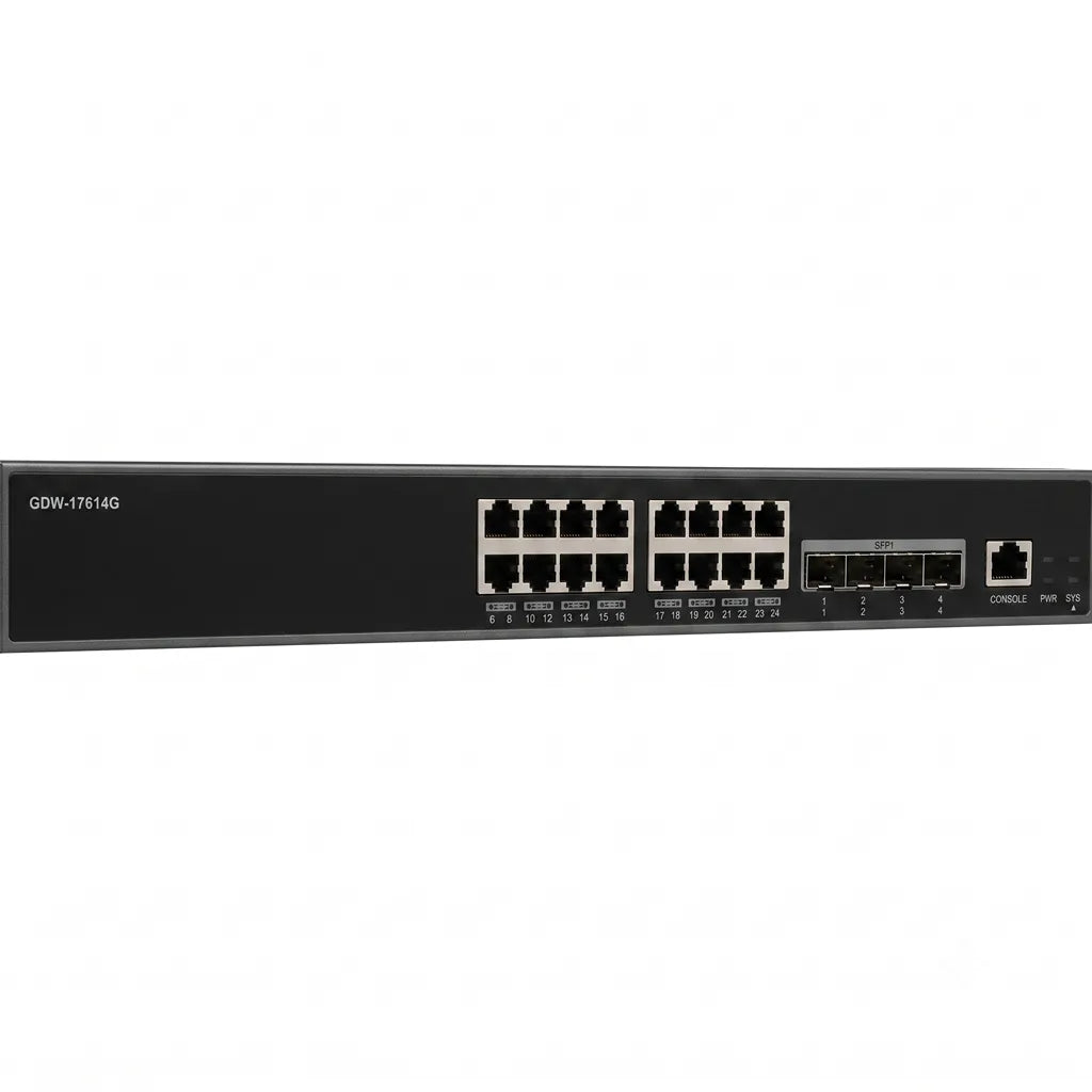 Close-up of the Grandstream GWN7812P front panel showing 16 Gigabit PoE+ RJ45 ports, 4 x 10G SFP+ uplinks and console port.