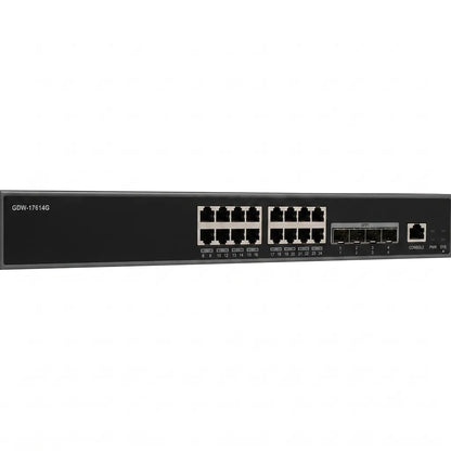 Close-up of the Grandstream GWN7812P front panel showing 16 Gigabit PoE+ RJ45 ports, 4 x 10G SFP+ uplinks and console port.