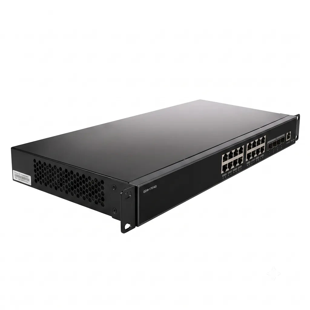 Grandstream GWN7812P Layer 3 managed PoE+ rackmount switch viewed from the front left angle with ventilation and network ports visible.