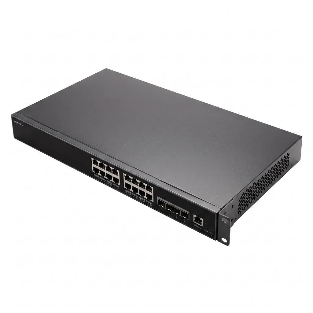 Top left perspective of the Grandstream GWN7812P managed PoE+ network switch designed for enterprise rack installations.