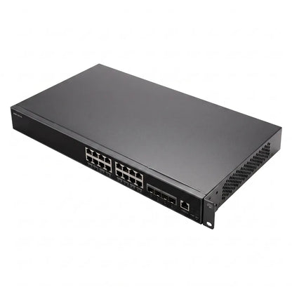 Top left perspective of the Grandstream GWN7812P managed PoE+ network switch designed for enterprise rack installations.