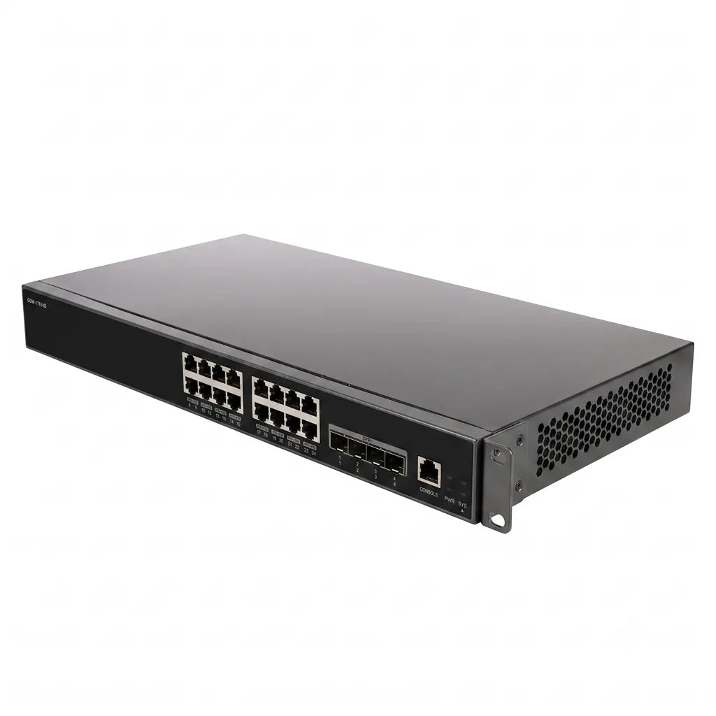 Top right perspective of the Grandstream GWN7812P 16-port Layer 3 managed PoE+ switch featuring Gigabit Ethernet ports and 10G SFP+ uplinks.