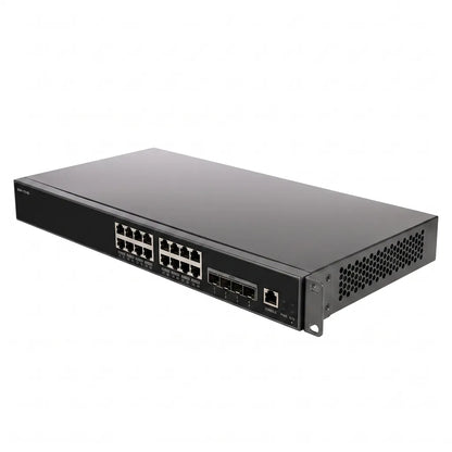 Top right perspective of the Grandstream GWN7812P 16-port Layer 3 managed PoE+ switch featuring Gigabit Ethernet ports and 10G SFP+ uplinks.