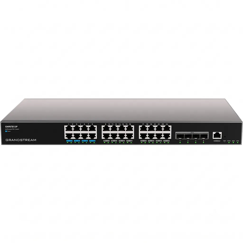 Front view of the Grandstream GWN7813P 24-port Layer 3 managed PoE switch with 4 x 10G SFP+ uplink ports and console port.