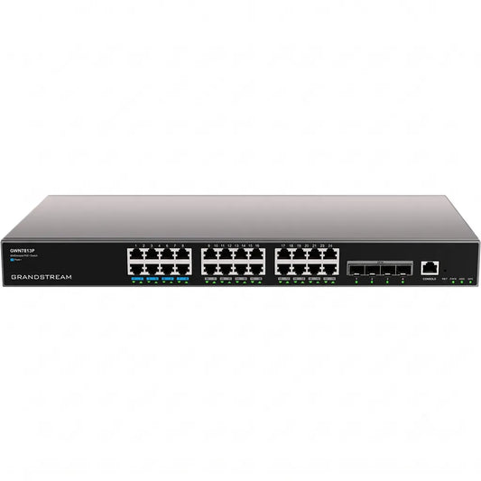 Front view of the Grandstream GWN7813P 24-port Layer 3 managed PoE switch with 4 x 10G SFP+ uplink ports and console port.