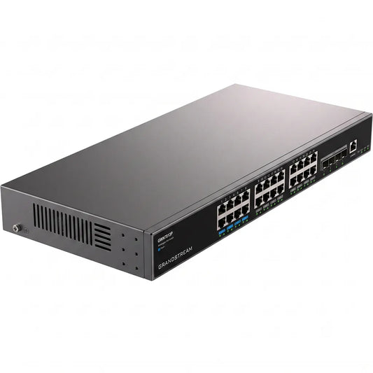 Right angle perspective of the Grandstream GWN7813P Layer 3 managed PoE switch with enterprise-grade networking ports.