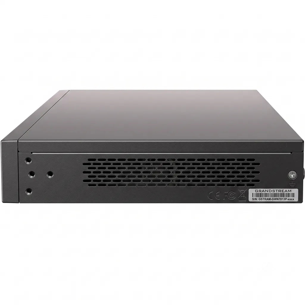 Grandstream GWN7813P Layer 3 managed PoE network switch rear view showing ventilation panel and rackmount chassis.