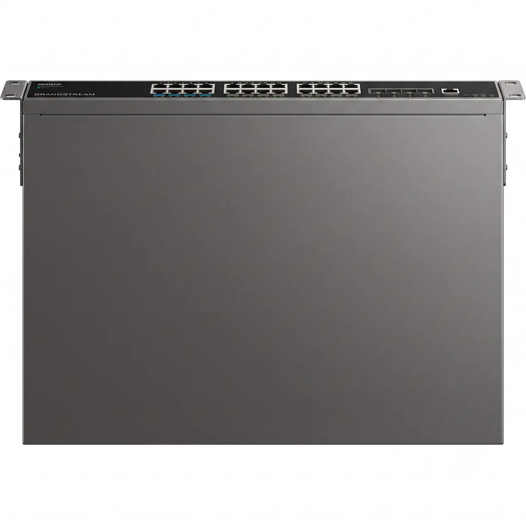 Top view of the Grandstream GWN7813P enterprise Layer 3 managed PoE switch with rackmount metal enclosure.