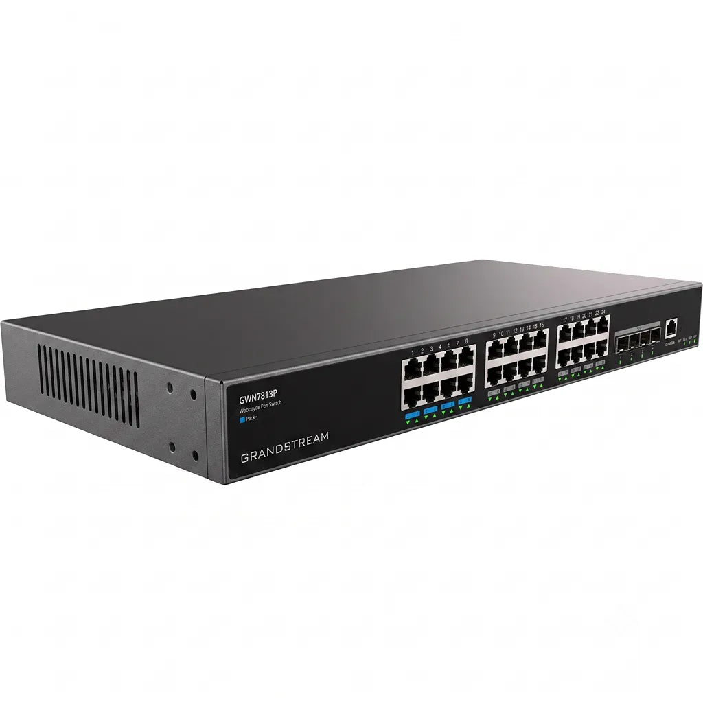 Left angle view of the Grandstream GWN7813P 24-port managed PoE switch featuring Gigabit Ethernet ports and 10G SFP+ uplinks.