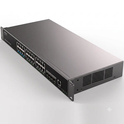 Rear perspective view of the Grandstream GWN7813P rackmount Layer 3 managed PoE switch showing side ventilation and chassis design.