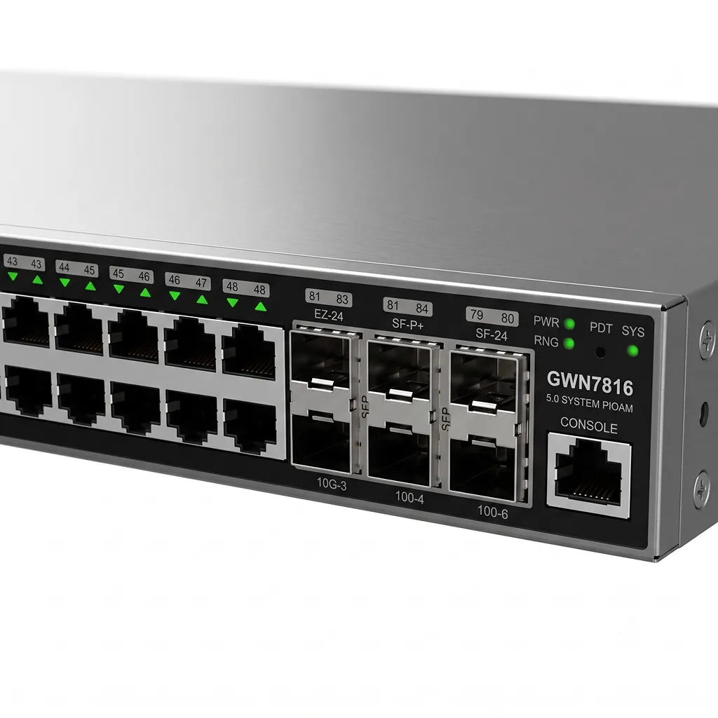 Close-up of Grandstream GWN7816 console port, LED indicators, and 10G SFP+ uplink ports on the enterprise managed switch.
