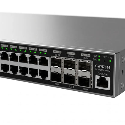 Close-up of Grandstream GWN7816 console port, LED indicators, and 10G SFP+ uplink ports on the enterprise managed switch.