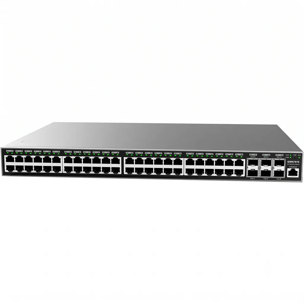 Front view of Grandstream GWN7816 Layer 3 managed network switch featuring 48 Gigabit Ethernet ports and 6×10G SFP+ uplinks.