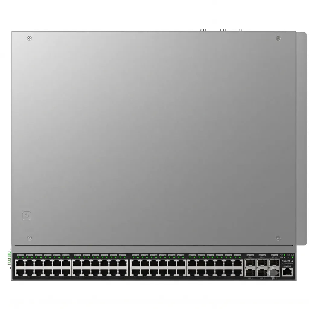 Grandstream GWN7816 48-port Layer 3 managed Gigabit network switch with 6×10G SFP+ uplinks top front view.