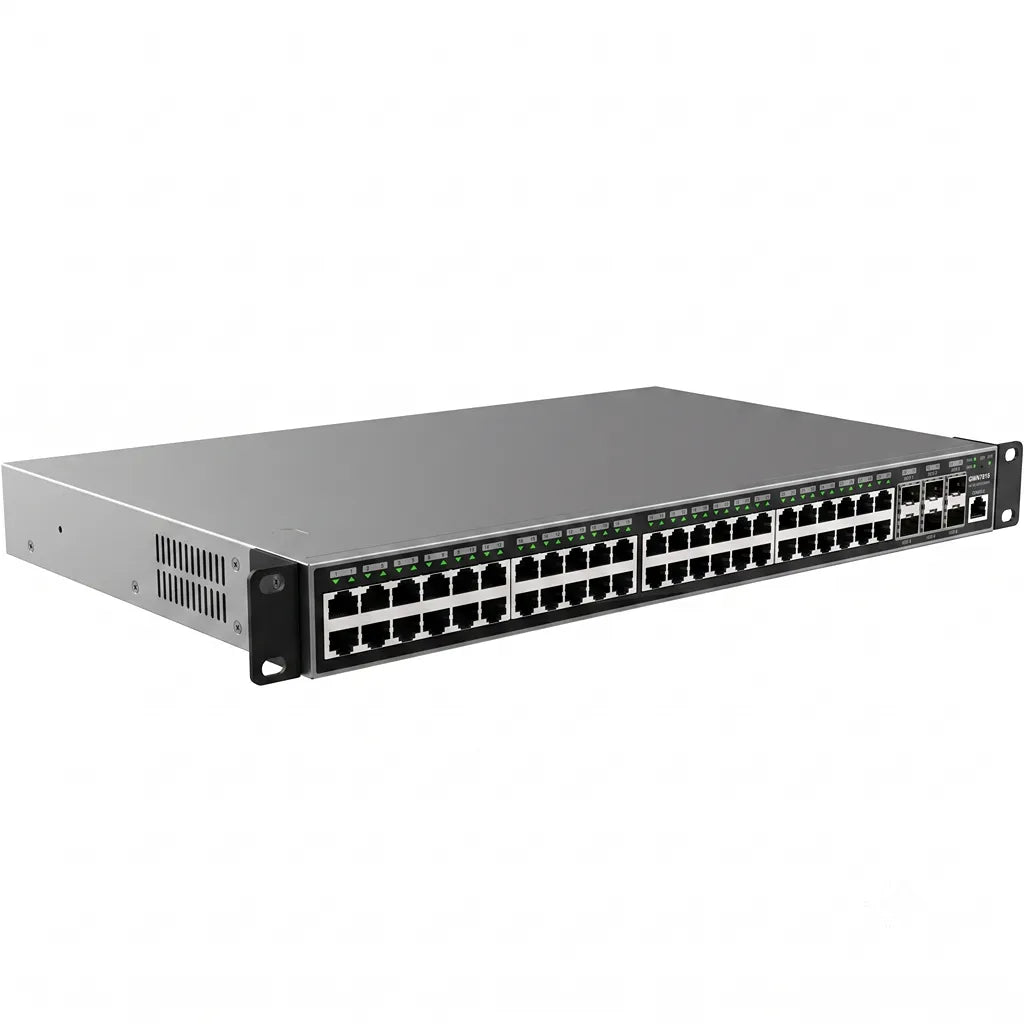Left angle view of the Grandstream GWN7816 enterprise Layer 3 managed Gigabit Ethernet switch with 48 RJ45 ports.