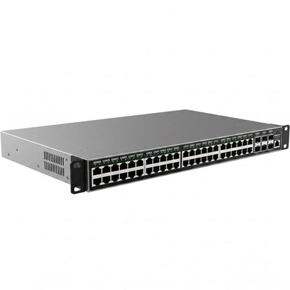 Left angle view of the Grandstream GWN7816 enterprise Layer 3 managed Gigabit Ethernet switch with 48 RJ45 ports.