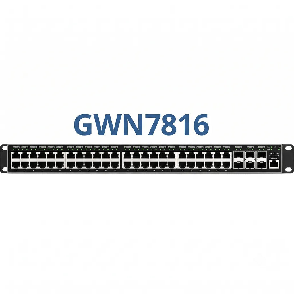 Grandstream GWN7816 Layer 3 managed 48-port Gigabit network switch product banner on a white background.