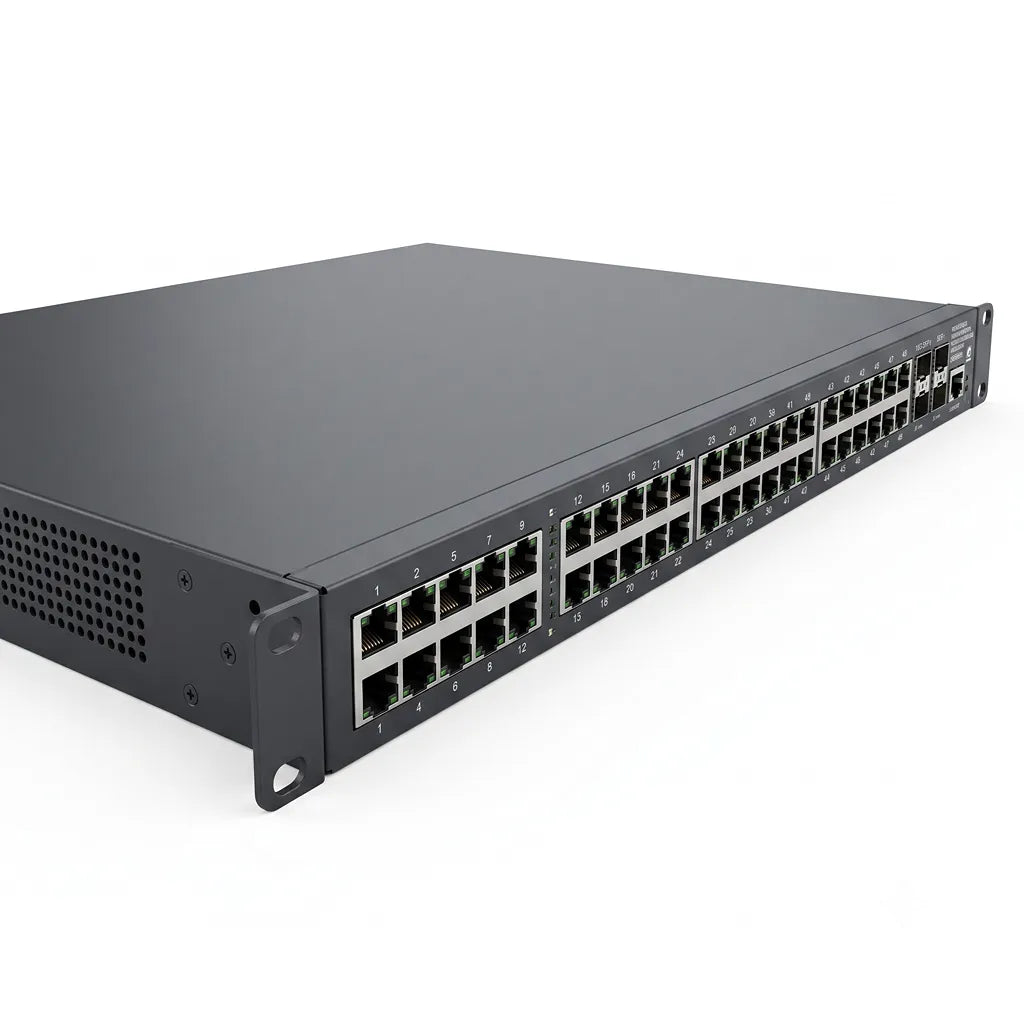 Angled view of the Grandstream GWN7816P 48-port Layer 3 managed PoE network switch with Gigabit Ethernet ports and 10G SFP+ uplinks.