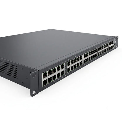 Angled view of the Grandstream GWN7816P 48-port Layer 3 managed PoE network switch with Gigabit Ethernet ports and 10G SFP+ uplinks.