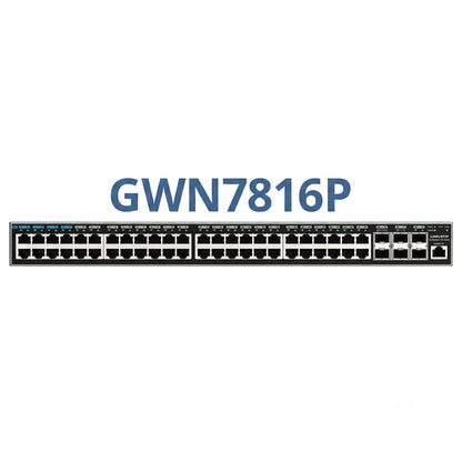 Grandstream GWN7816P Layer 3 managed PoE network switch hero image showing the 48-port enterprise rack-mount switch.