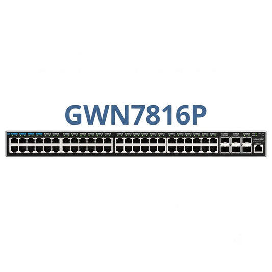 Grandstream GWN7816P Layer 3 managed PoE network switch hero image showing the 48-port enterprise rack-mount switch.