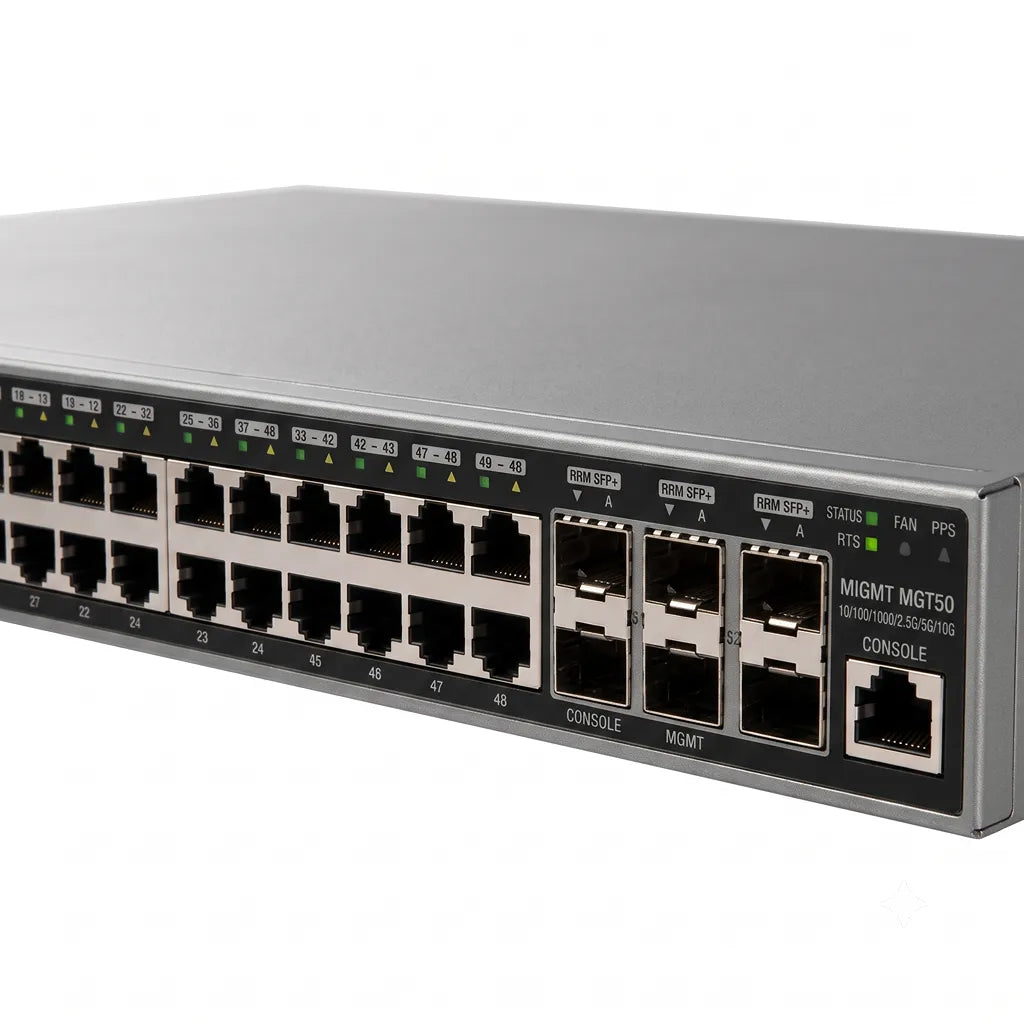 Grandstream GWN7816P Layer 3 managed PoE network switch rear close-up showing 10G SFP+ uplink ports, management port and console port.