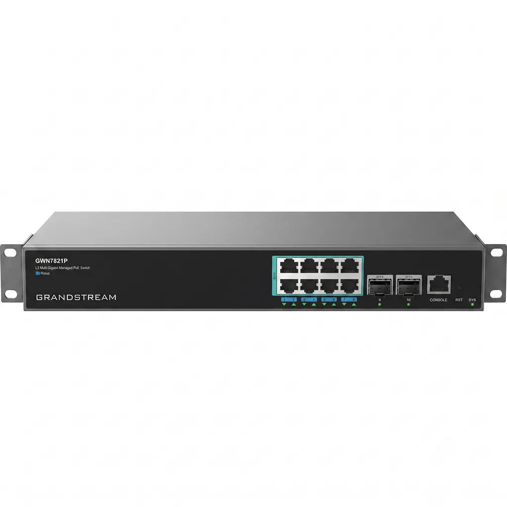 Grandstream GWN7821P enterprise Layer 3 managed PoE network switch with 8 multi-gigabit Ethernet ports and dual 10G SFP+ ports.
