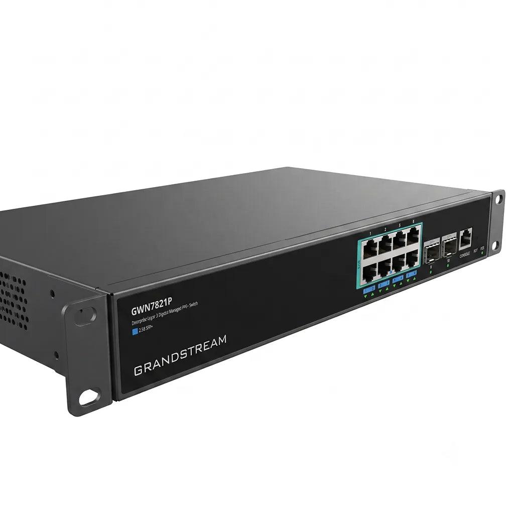 Grandstream GWN7821P Layer 3 managed PoE switch with 8×2.5 Gigabit Ethernet ports and dual 10G SFP+ uplinks front left view.