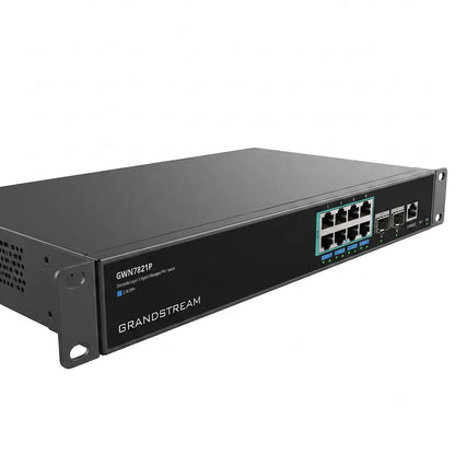 Grandstream GWN7821P Layer 3 managed PoE switch with 8×2.5 Gigabit Ethernet ports and dual 10G SFP+ uplinks front left view.