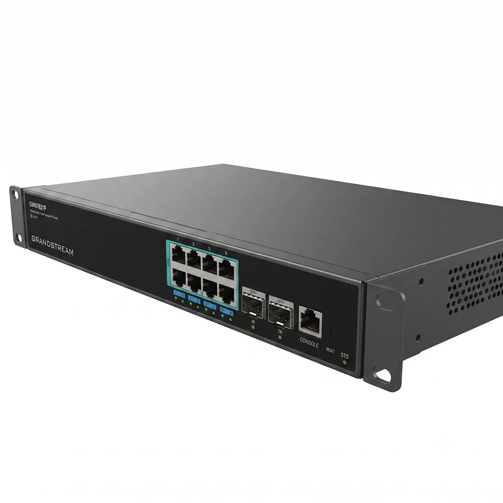 Angled front view of Grandstream GWN7821P Layer 3 managed PoE switch showing multi-gigabit Ethernet ports, dual SFP+ uplinks and console port.