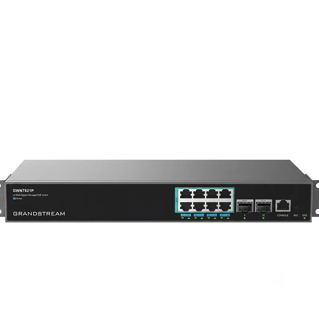 Front view of Grandstream GWN7821P Layer 3 managed multi-gigabit PoE switch featuring 8×2.5GbE ports and 2×10G SFP+ uplinks.
