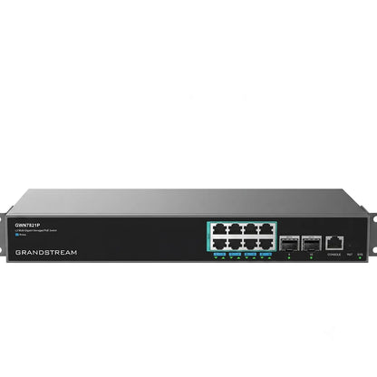 Front view of Grandstream GWN7821P Layer 3 managed multi-gigabit PoE switch featuring 8×2.5GbE ports and 2×10G SFP+ uplinks.