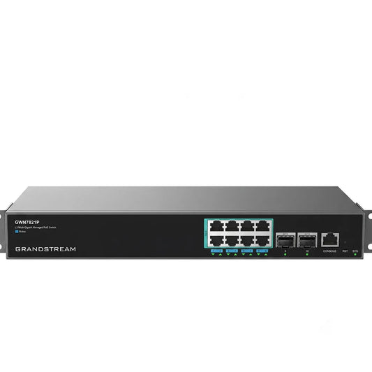 Front view of Grandstream GWN7821P Layer 3 managed multi-gigabit PoE switch featuring 8×2.5GbE ports and 2×10G SFP+ uplinks.