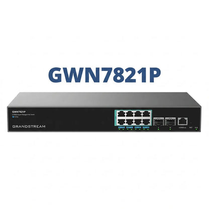Grandstream GWN7821P Layer 3 multi-gigabit managed PoE switch with 8×2.5GbE ports and 2×10G SFP+ uplinks for business networking.