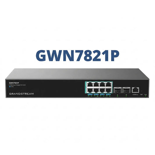 Grandstream GWN7821P Layer 3 multi-gigabit managed PoE switch with 8×2.5GbE ports and 2×10G SFP+ uplinks for business networking.