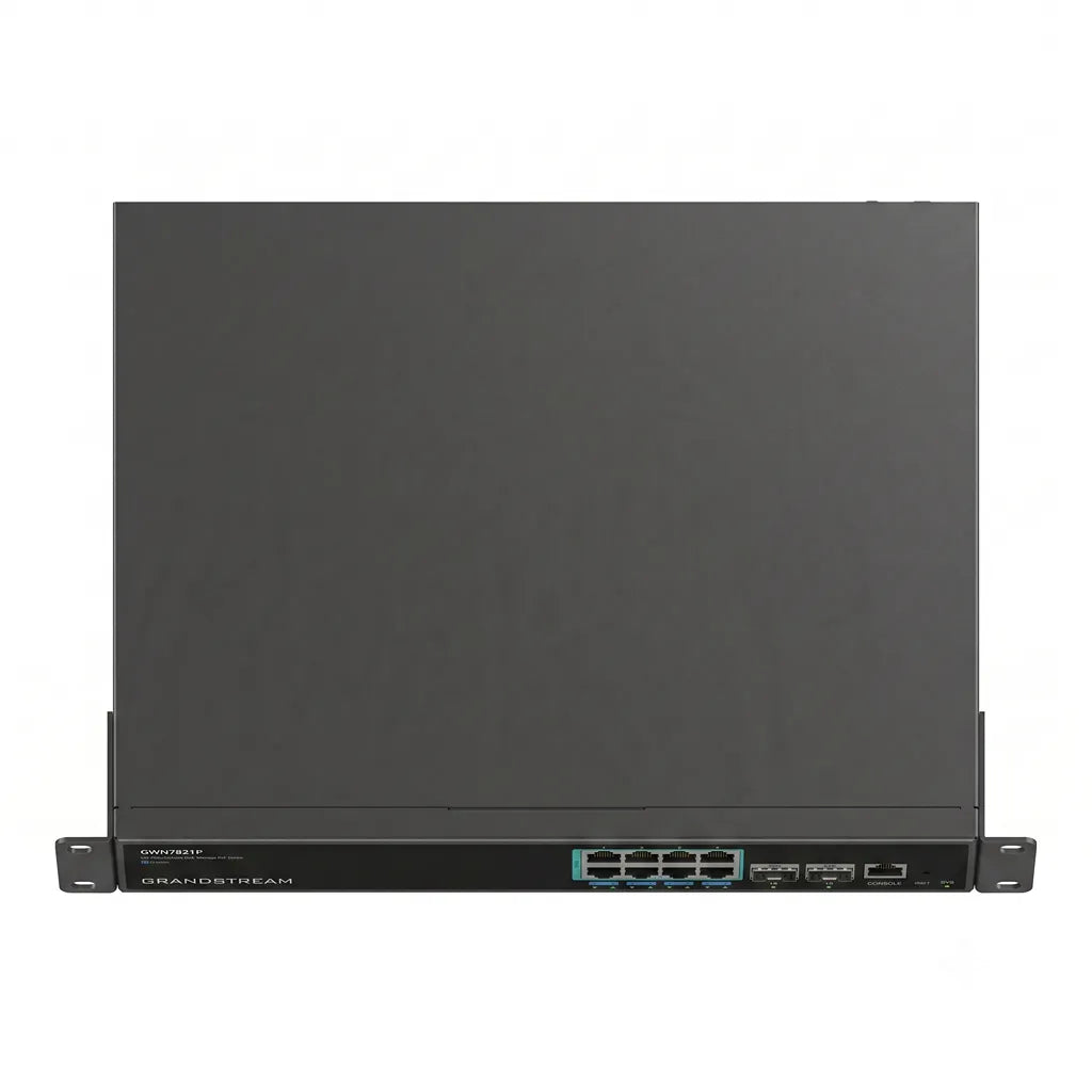 Top view of Grandstream GWN7821P Layer 3 managed PoE switch designed for enterprise network rack installations.