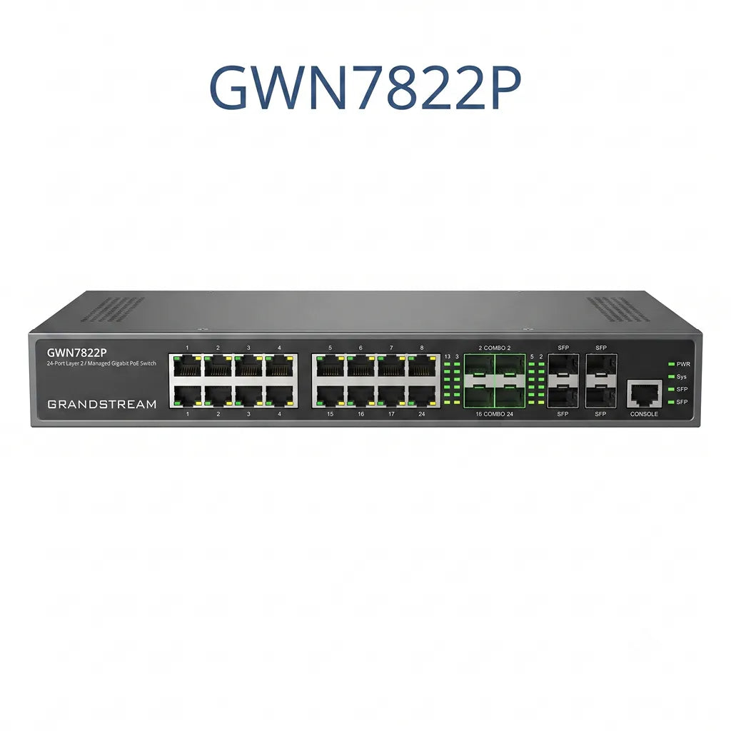 Grandstream GWN7822P 24-port Layer 3 managed PoE network switch front view with Gigabit Ethernet ports and 10G SFP+ uplinks.