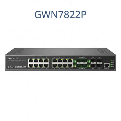 Grandstream GWN7822P 24-port Layer 3 managed PoE network switch front view with Gigabit Ethernet ports and 10G SFP+ uplinks.