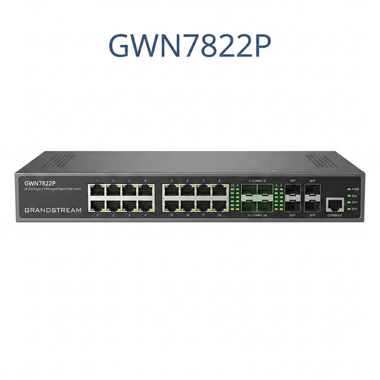 Grandstream GWN7822P 24-port Layer 3 managed PoE network switch front view with Gigabit Ethernet ports and 10G SFP+ uplinks.